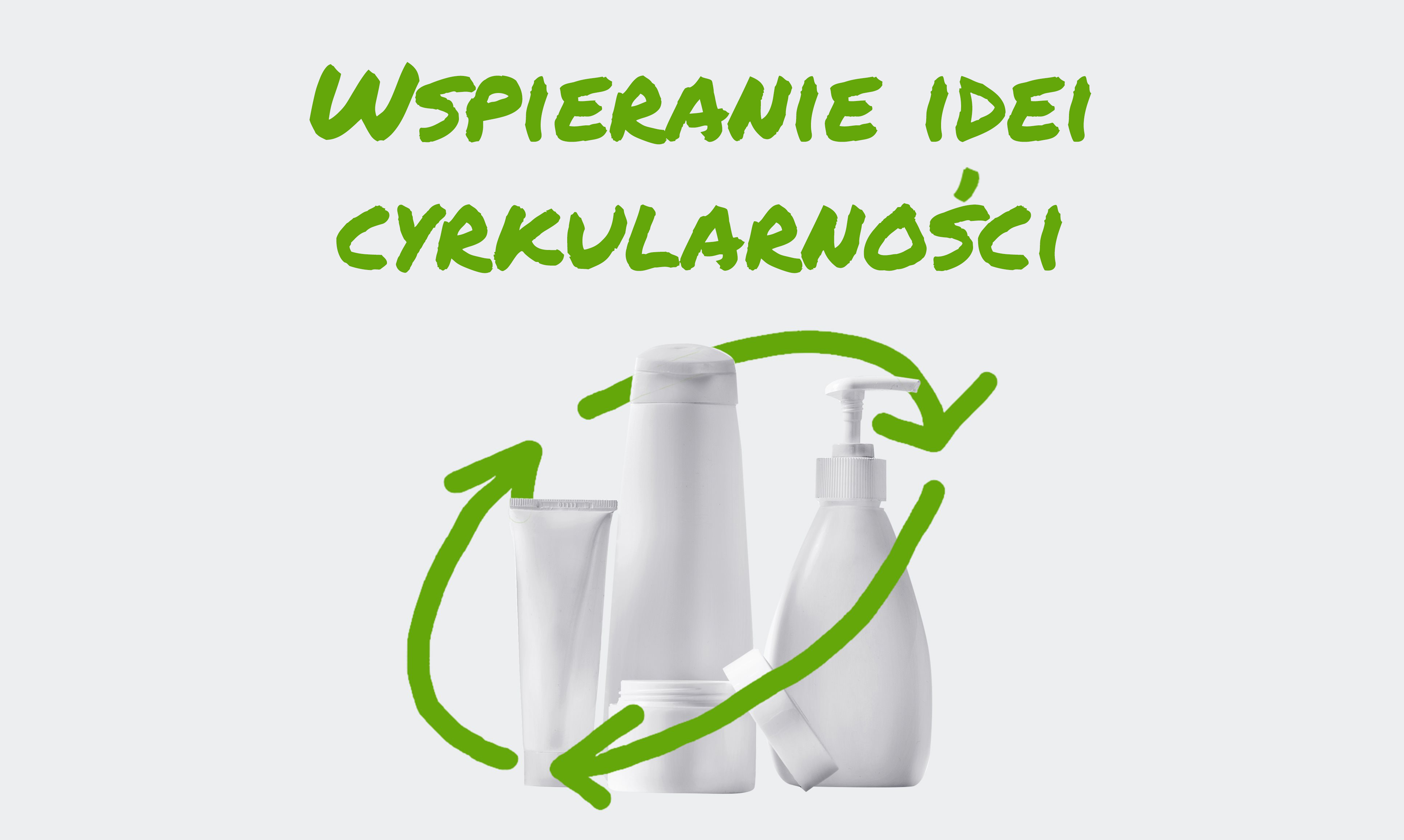 Trzy butelki z balsamem otoczone stylizowanym symbolem recyklingu