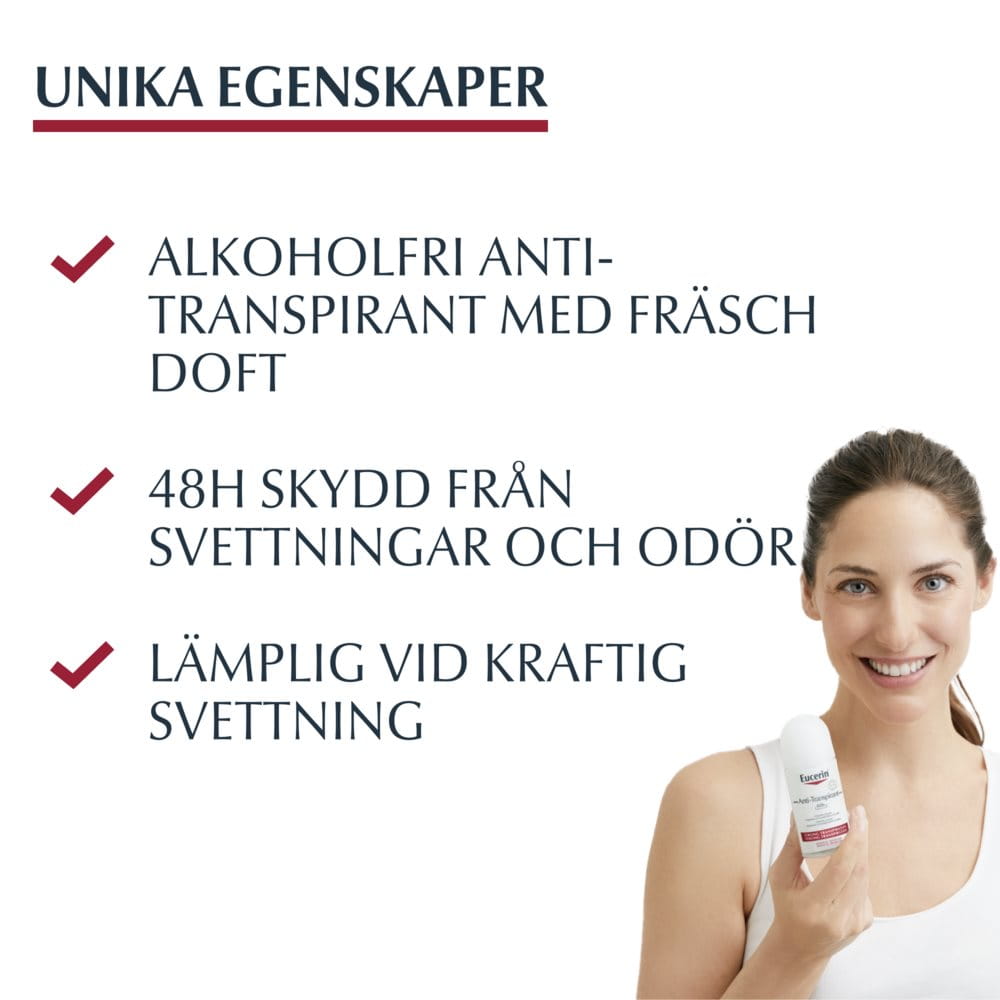 Produktegenskaper för Eucerin Anti-Transpirant: Alkoholfri med fräsch doft, 48h skydd från svettning och odör, samt lämplig vid kraftig svettning