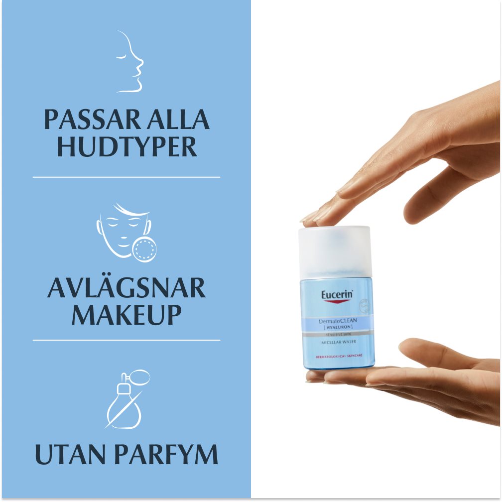 Produkt som hålls mellan 2 händer samt produktegenskaper: Passar alla hudtyper, avlägsnar makeup och utan parfym