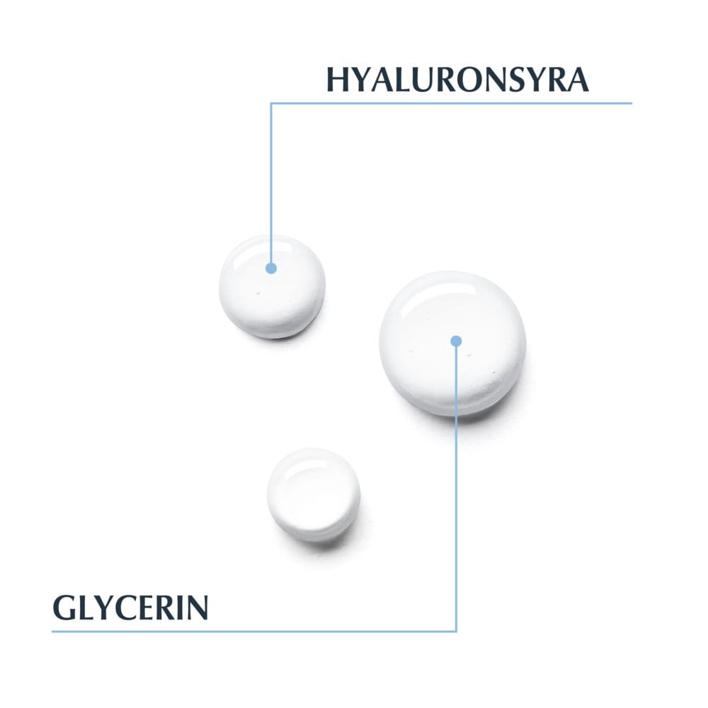 Bild på formulan samt text som nämner de viktigaste ingredienserna Hyaluronsyra och glycerin