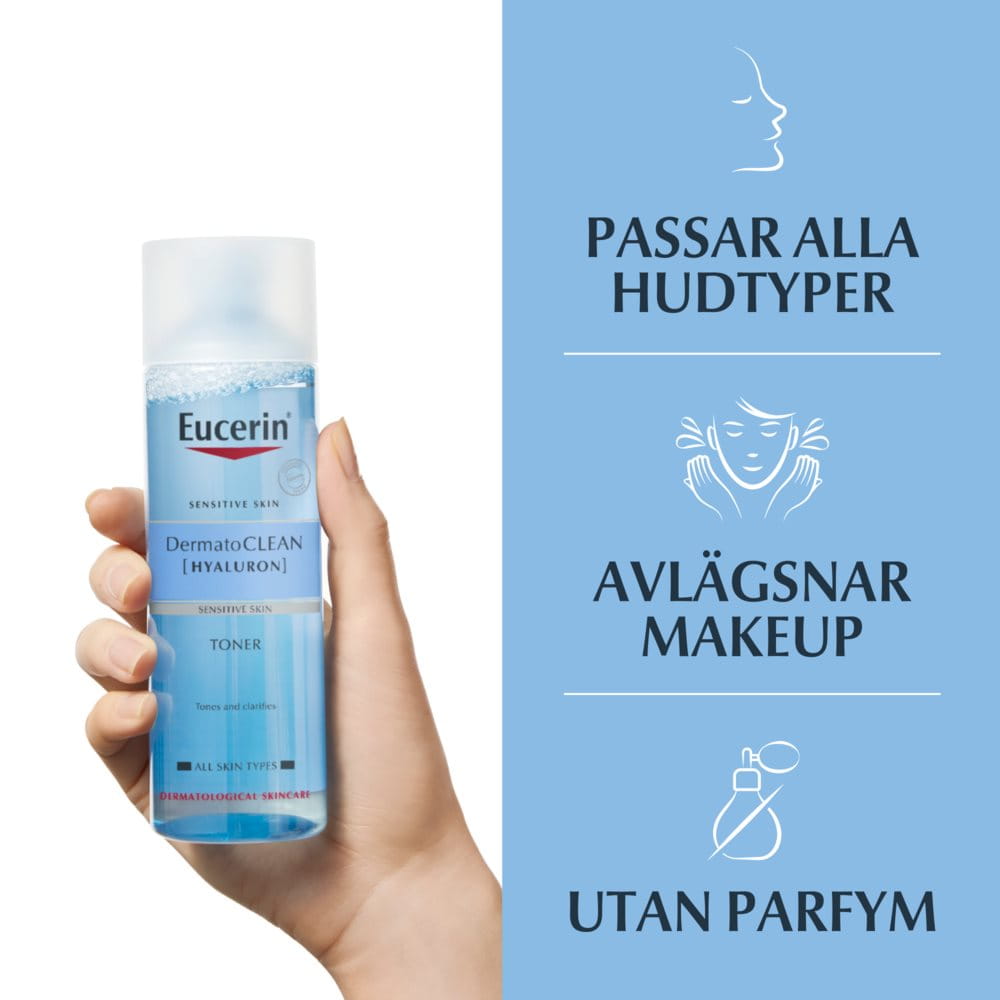 Bild på hands som håller i produkten DermatoClean Toner samt text som beskriver produktens egenskaper: Passar alla hudtyper, avlägsnar makeup, utan parfym