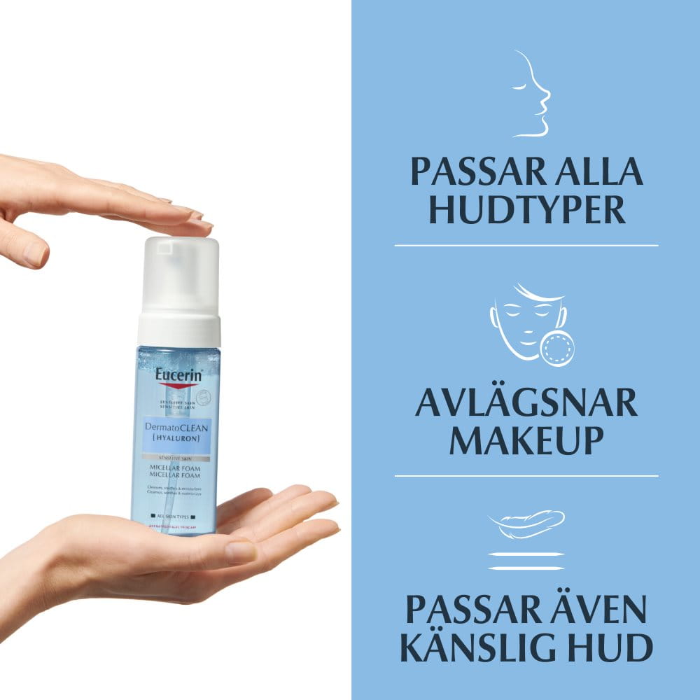 Ett par händer som håller DermatoClean Micellar Foam samt text med produktens egenskaper: Passar alla hudtyper, Avlägsnar makeup och passar även känslig hud