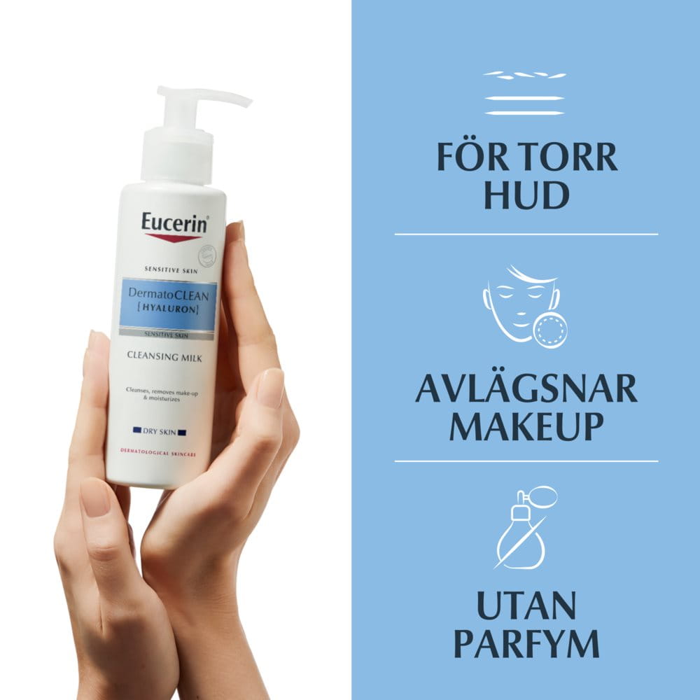 Bild på DermatoClean Cleansing Milks som hålls upp av två händer samt text med produktens egenskaper: För torr hud, avlägsnar makeup och utan parfym
