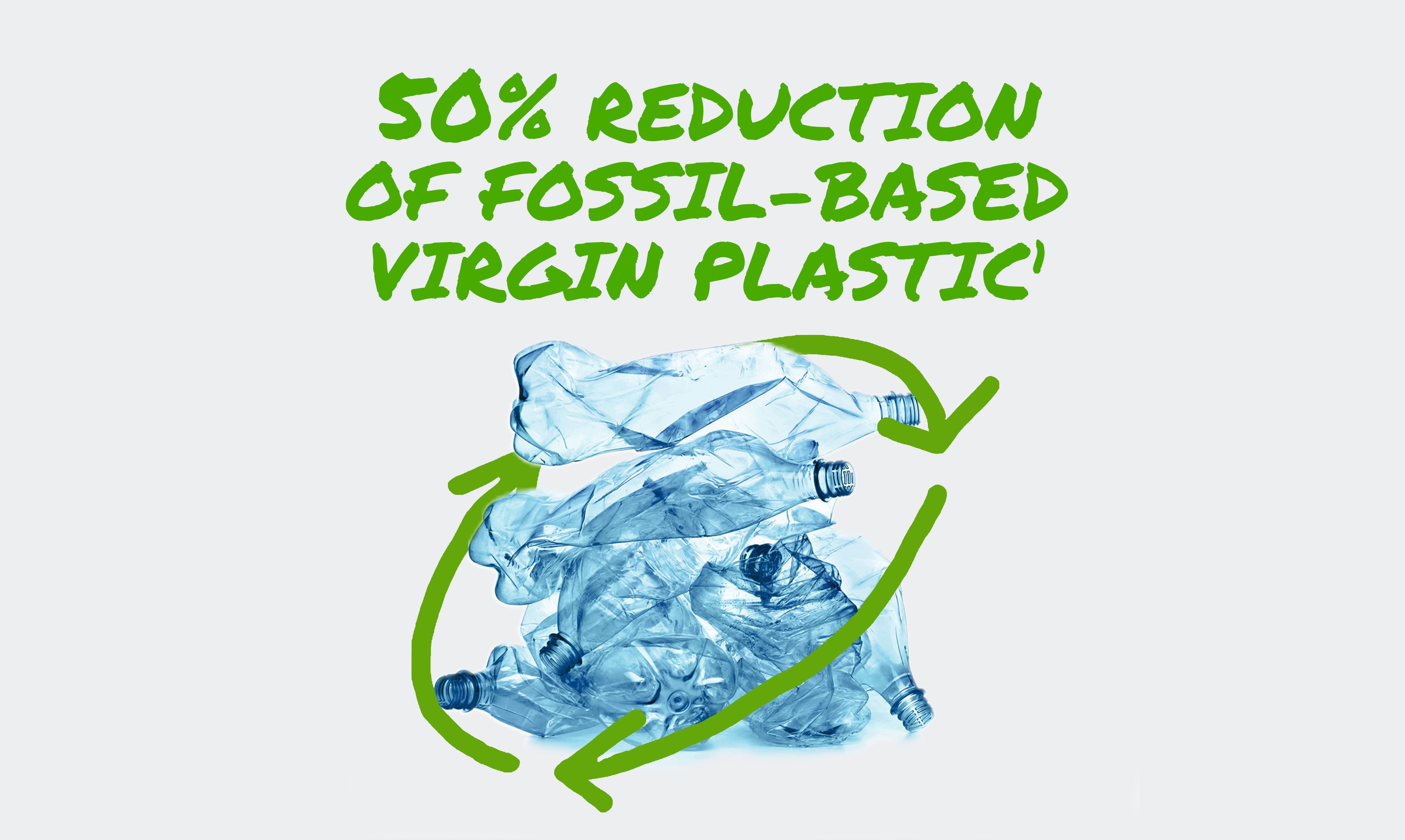 A stack of discarded plastic bottles encircled by a stylized recycling symbol