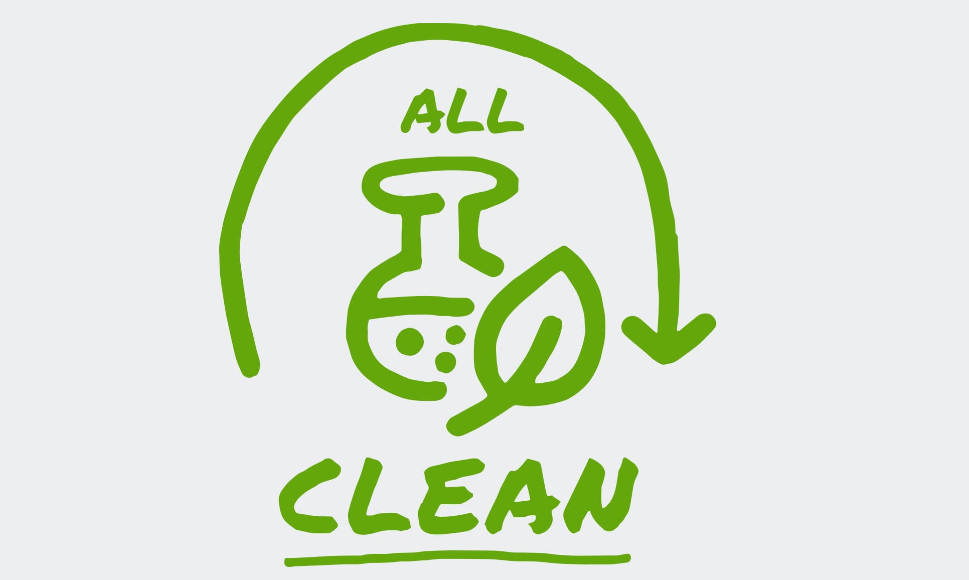 Une icône illustrée montre une flèche qui forme un demi-cercle autour des mots « All Clean », apparaissant à côté d’une feuille et d’un bécher.