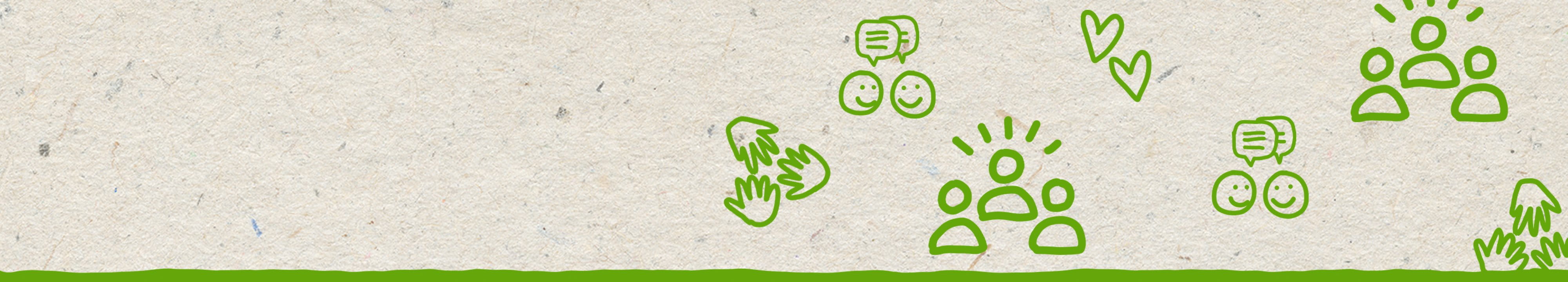 Illustrations vertes abstraites de cœurs, de personnes et de mains, représentant l’amour et la communauté.