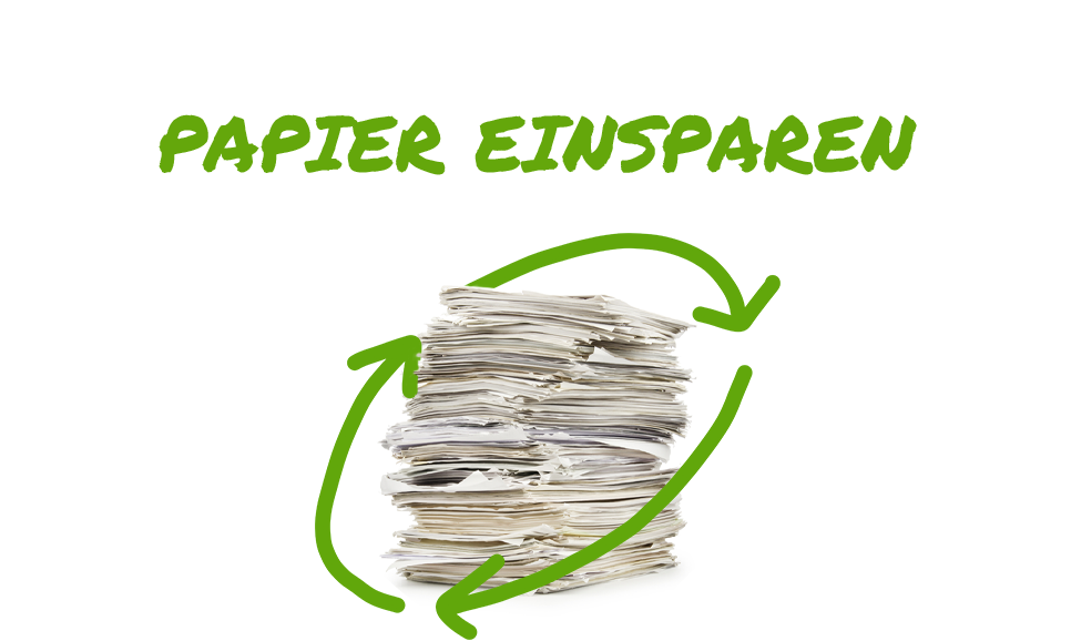 Ein Stapel weggeworfenes Papier, umringt von einem stilisierten Recycling-Symbol