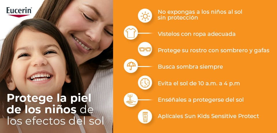 Madre que protege la piel de los niños de los efectos del sol en su piel
