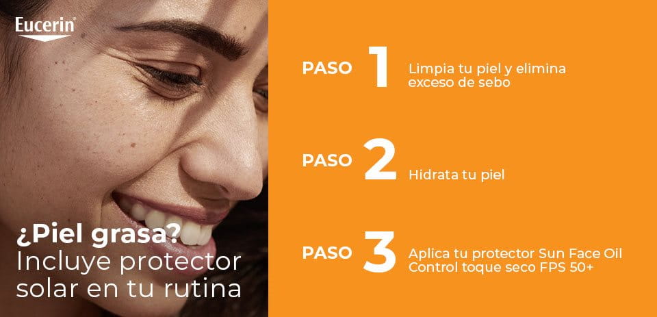 Persona con piel grasa, incluyendo protector solar en su rutina