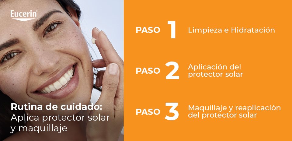 Persona siguiendo la rutina de protector solar y maquillaje