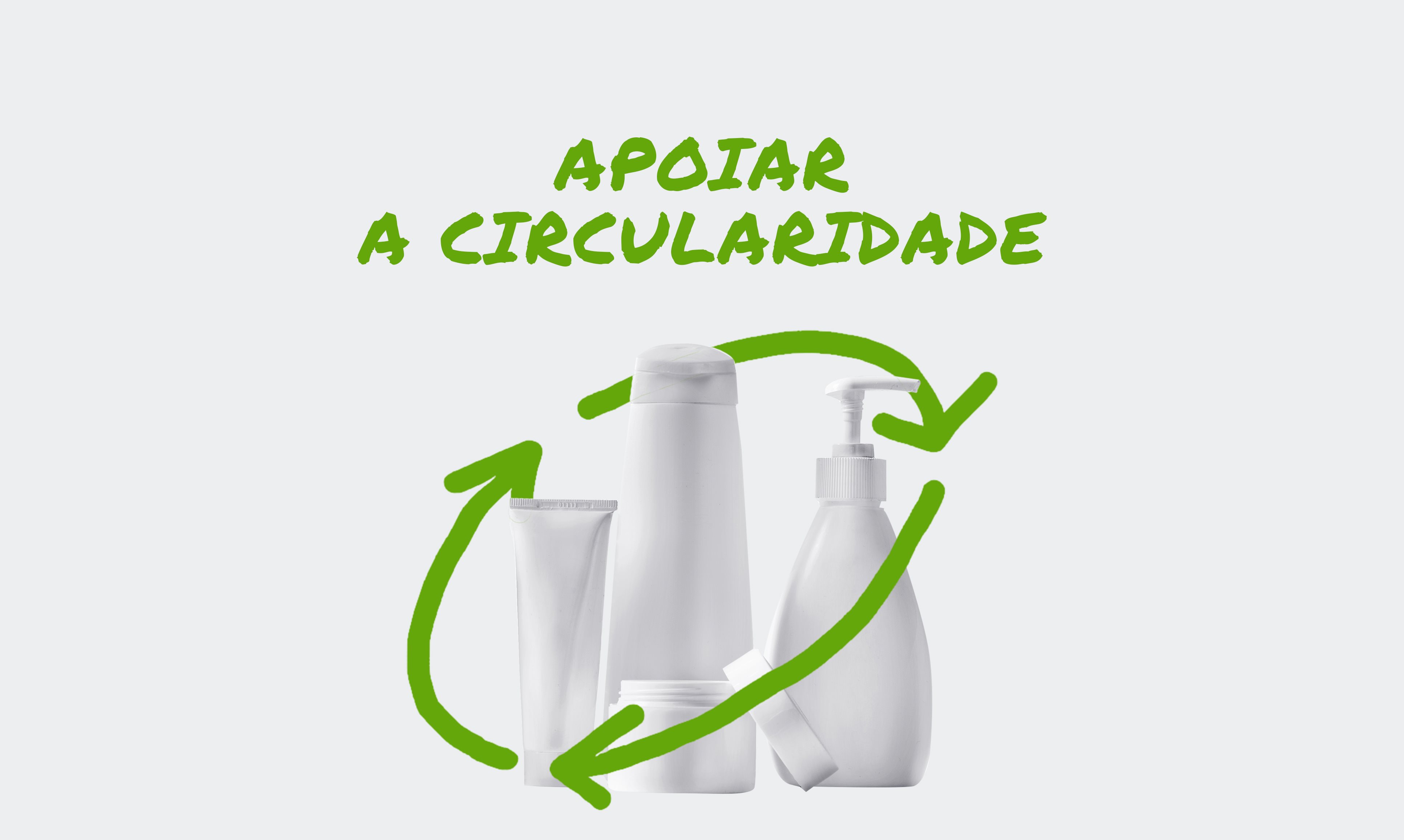 Três embalagens de loção envolvidas por um símbolo de reciclagem estilizado