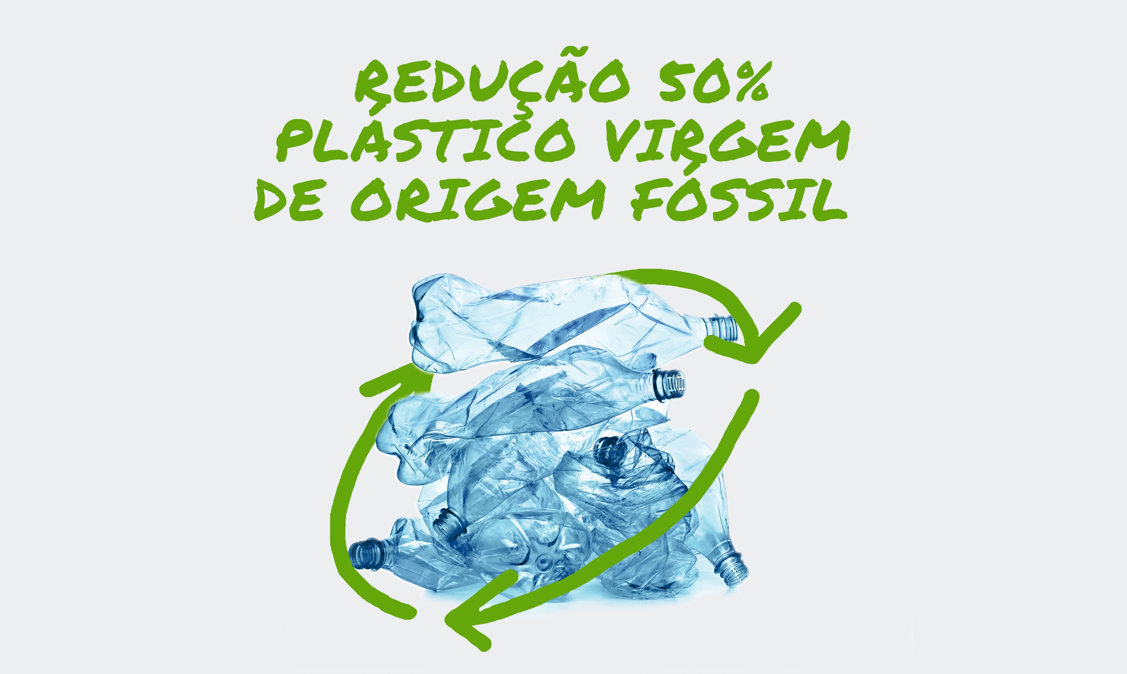 Uma pilha de garrafas de plástico descartadas envolvidas por um símbolo de reciclagem estilizado