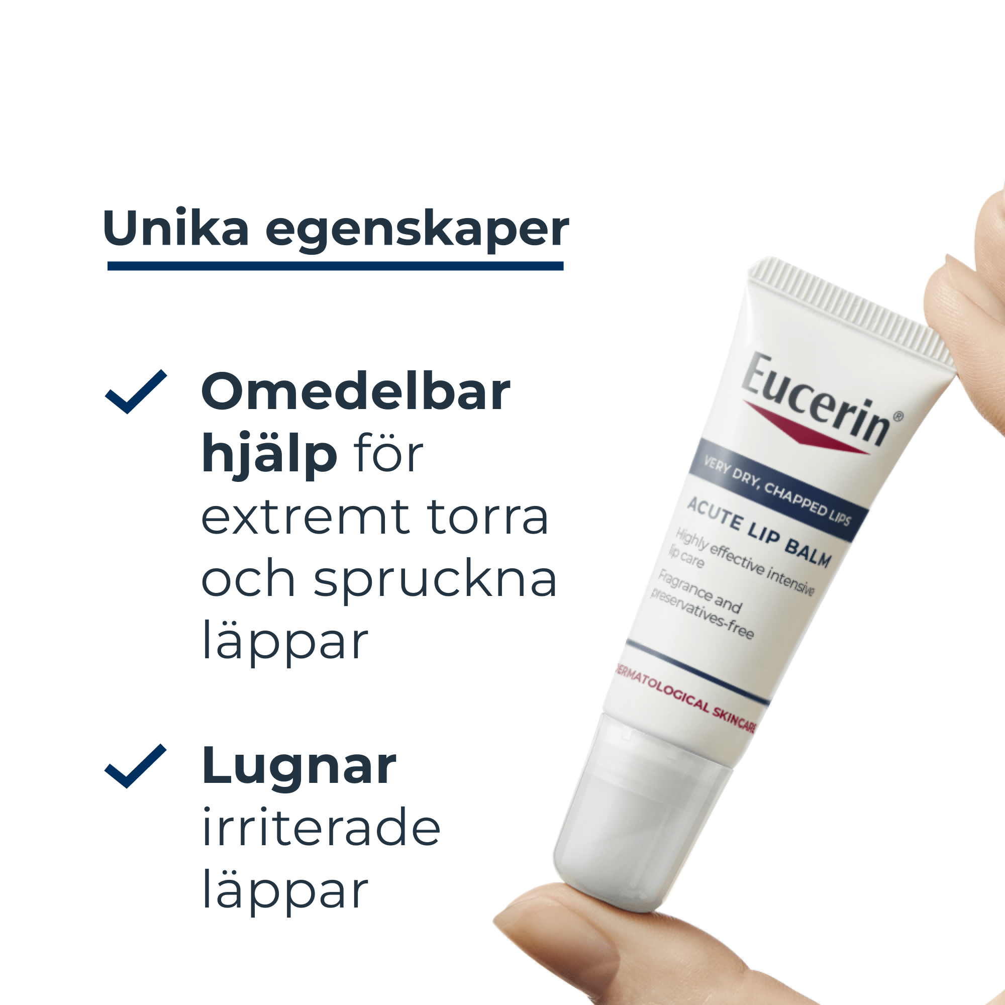 Eucerin acute lip balm appliceras på läpparna 