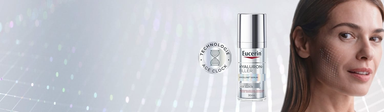 Photo du sérum Hyaluron-Filler Epicelline d’Eucerin (30 ml) à côté d’un plan rapproché du visage d’une femme; une matrice apparaît en surimpression sur ses joues pour suggérer l’efficacité du produit à combattre les signes de l’âge.