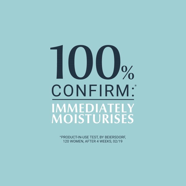 infographic showing the results of a study which resulted in 100% of users confirming that Eucerin Moisture Booster immediately moisturises 