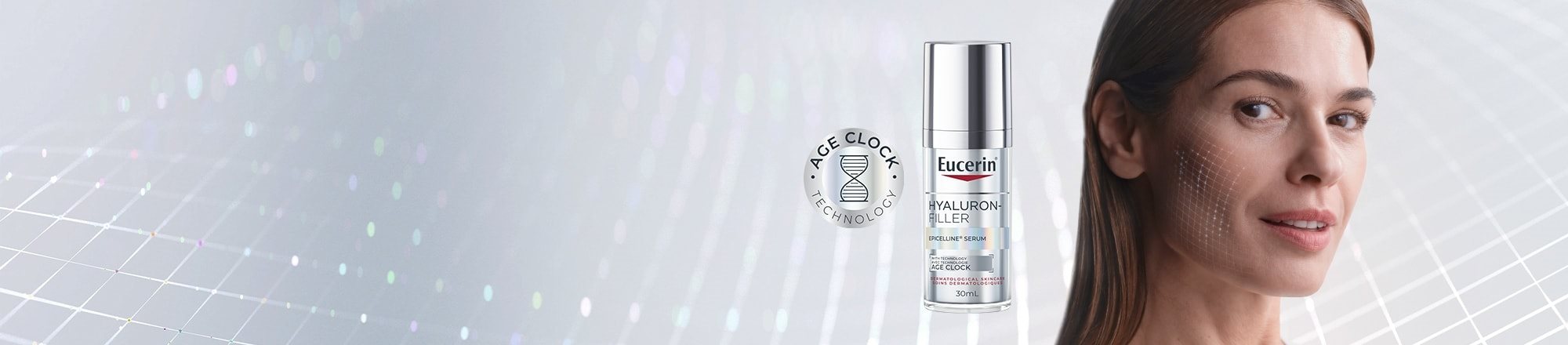 A product shot of Eucerin Hyaluron-Filler Epicelline Serum (30ml) placed next to a close-up shot of a woman's face with a matrix superimposed on her cheeks implies the product's effectiveness in fighting signs of aging.