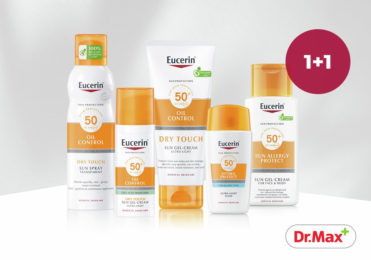 Opalovací krémy Eucerin a logo Dr. Max