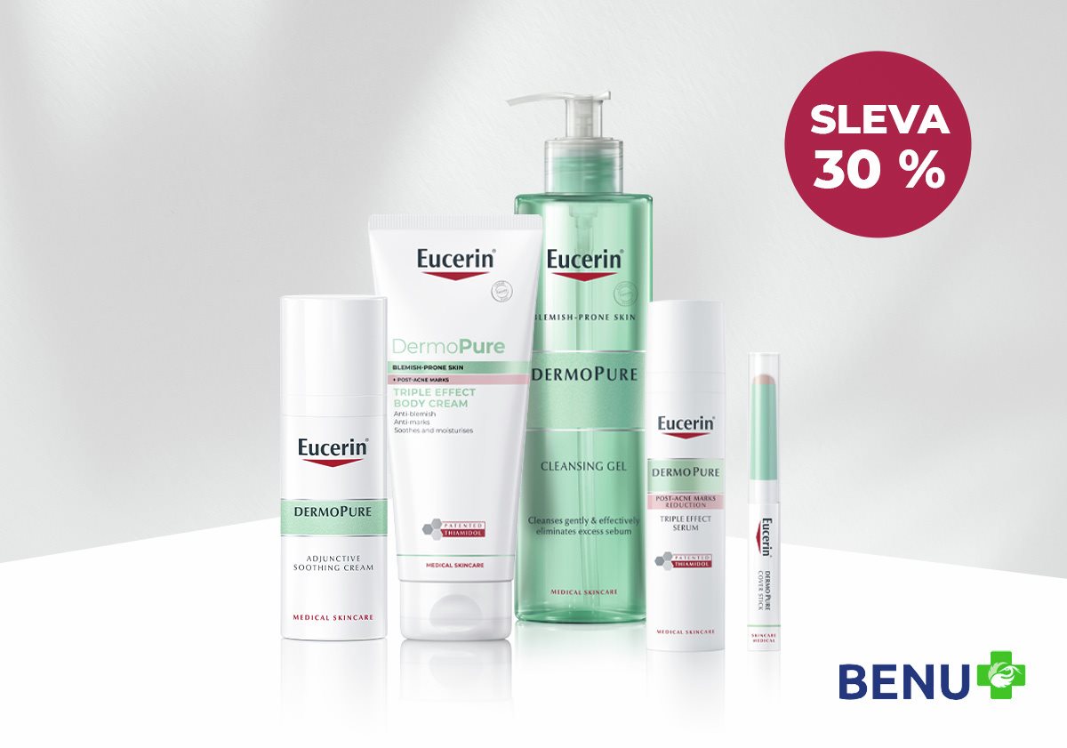Produkty Eucerin DermoPure a logo Benu