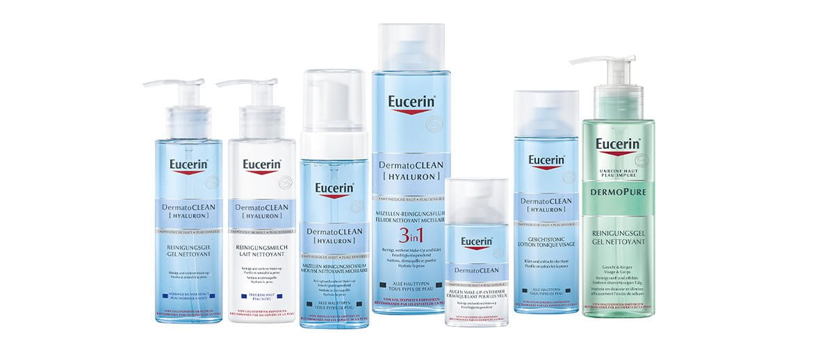 Eucerin-Produkte in einer Reihe angeordnet.