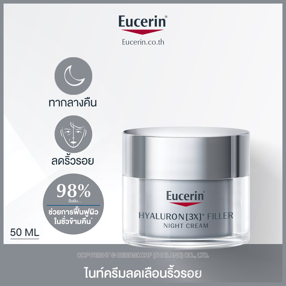 Eucerin Hyaluron [3X]+ Filler Night Cream ผลิตภัณฑ์ลดเลือนริ้วรอย  สูตรกลางคืน สำหรับทุกสภาพผิว | Eucerin