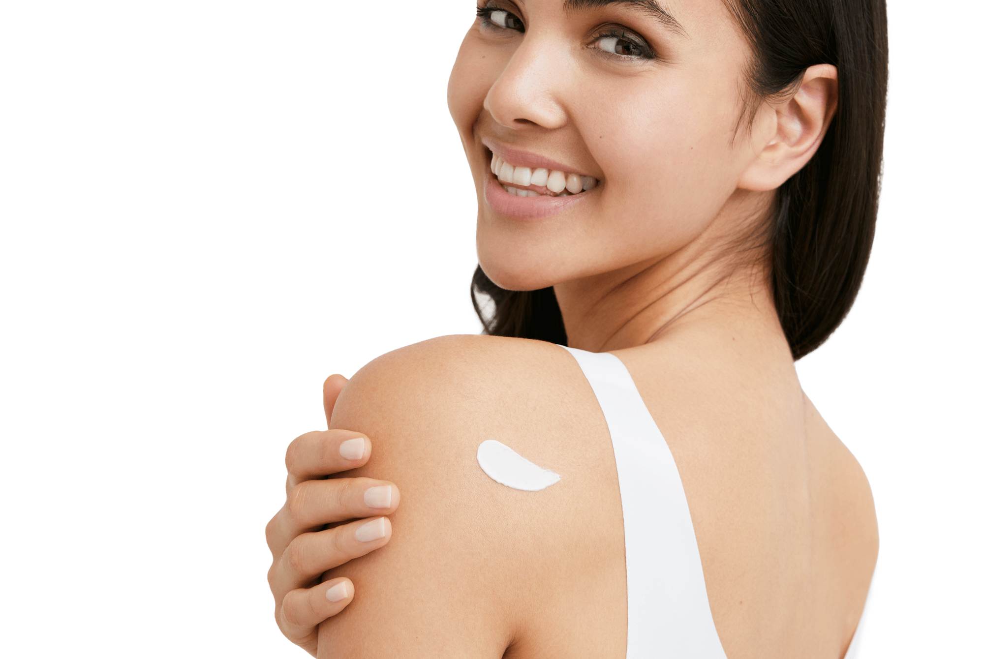 nainen hymyilee valkoisella taustalla