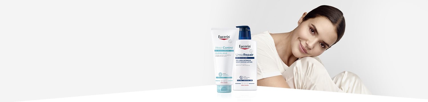 produkty Eucerin na suchou pokožku a modelka