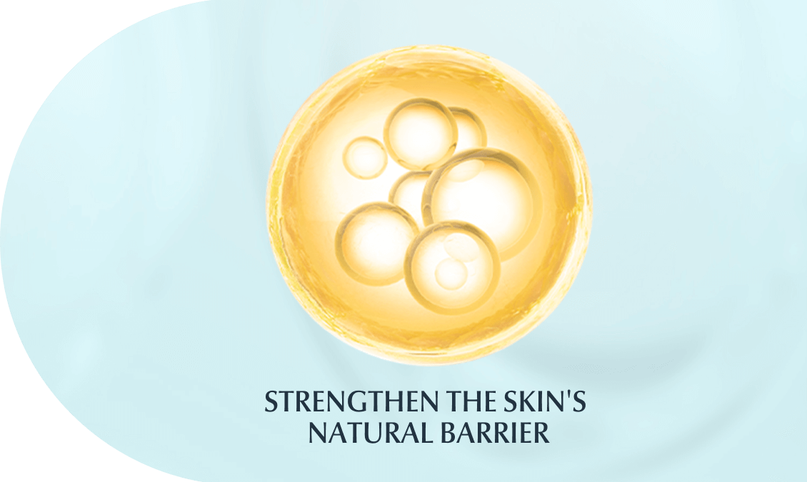 A yellow ball with small circles inside, signifying ceramides strengthening skin’s moisture barrier