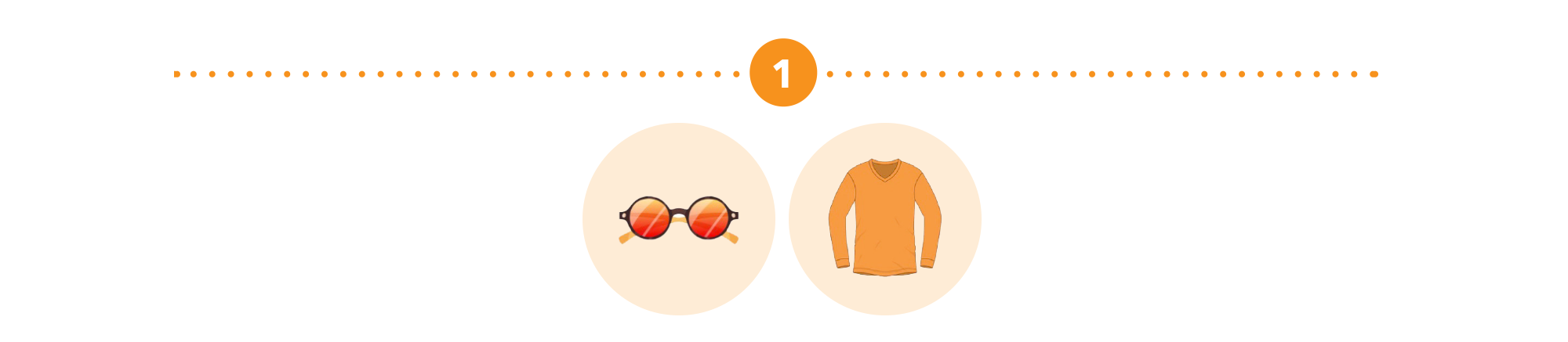 A rendering of sunglasses against an orange background. A rendering of an orange sweater against an orange background.
