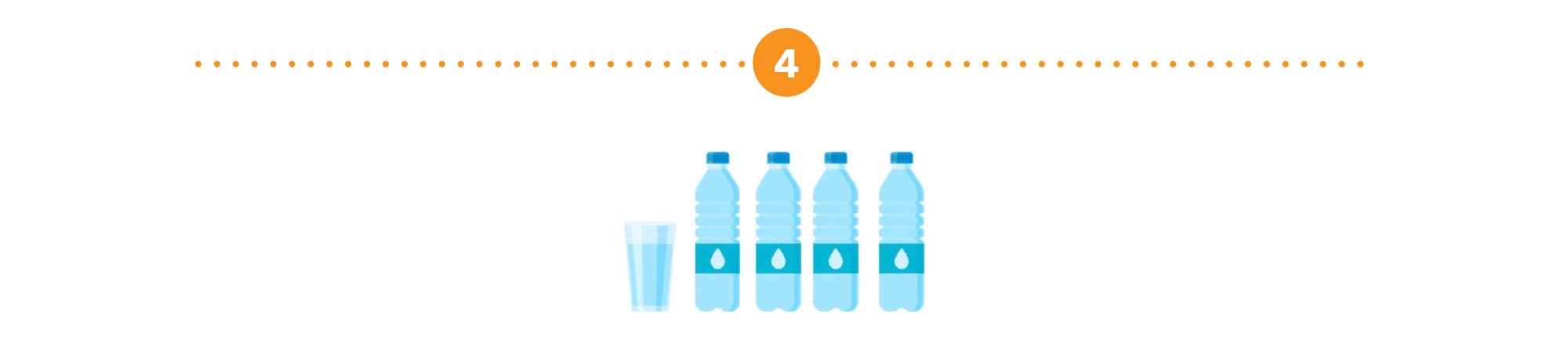 Illustration représentant quatre bouteilles d’eau et un verre rempli d’eau.