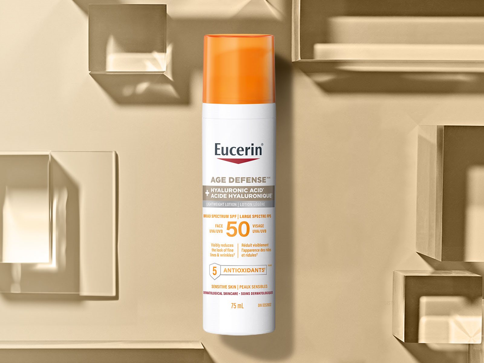 A view of a Eucerin Age Defense SPF 50 Face Sunscreen Lotion product against a beige coloured background.