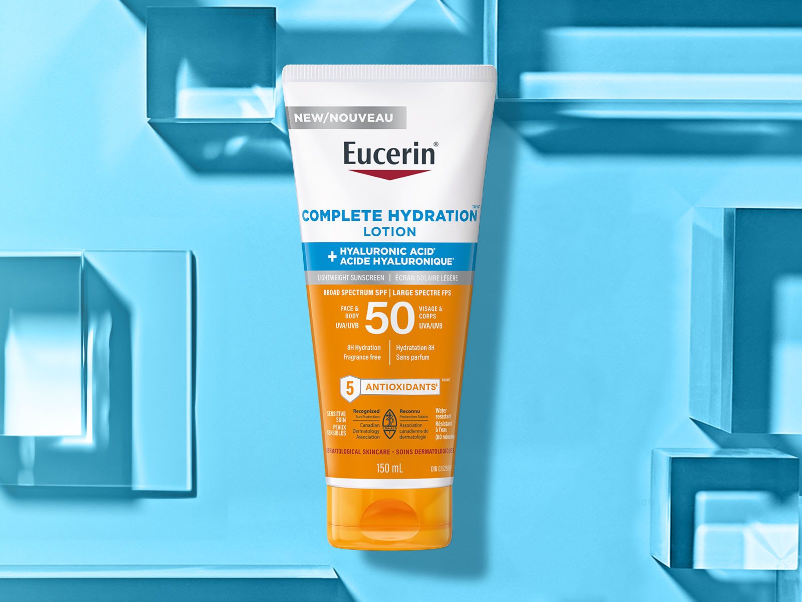 View of a Eucerin Complete Hydration Sunscreen Lotion Face & Body SPF 50 product against a blue background.