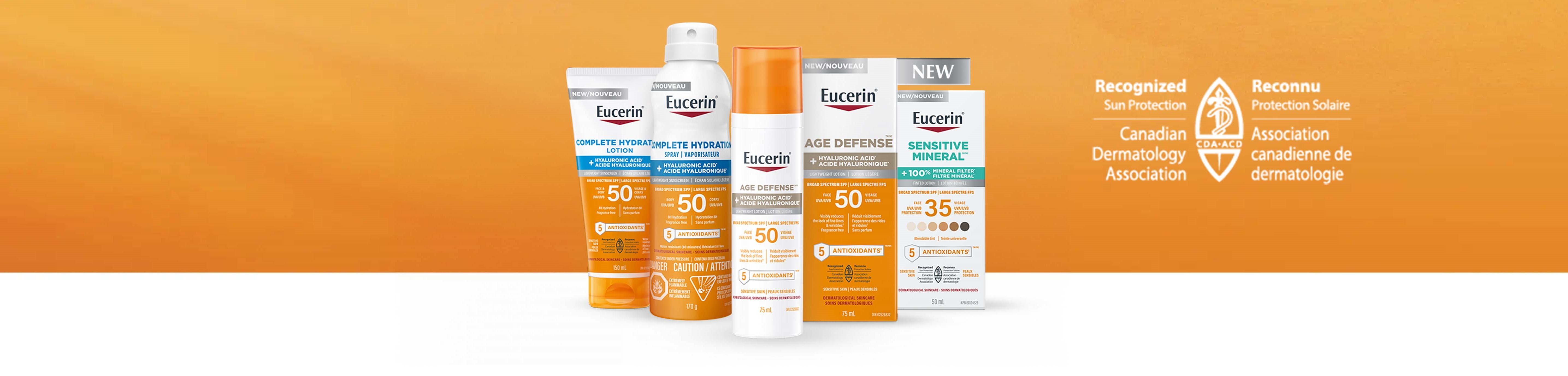 A view of several Eucerin Sun care products with the text "Go Beyond Sun Protection" shown.