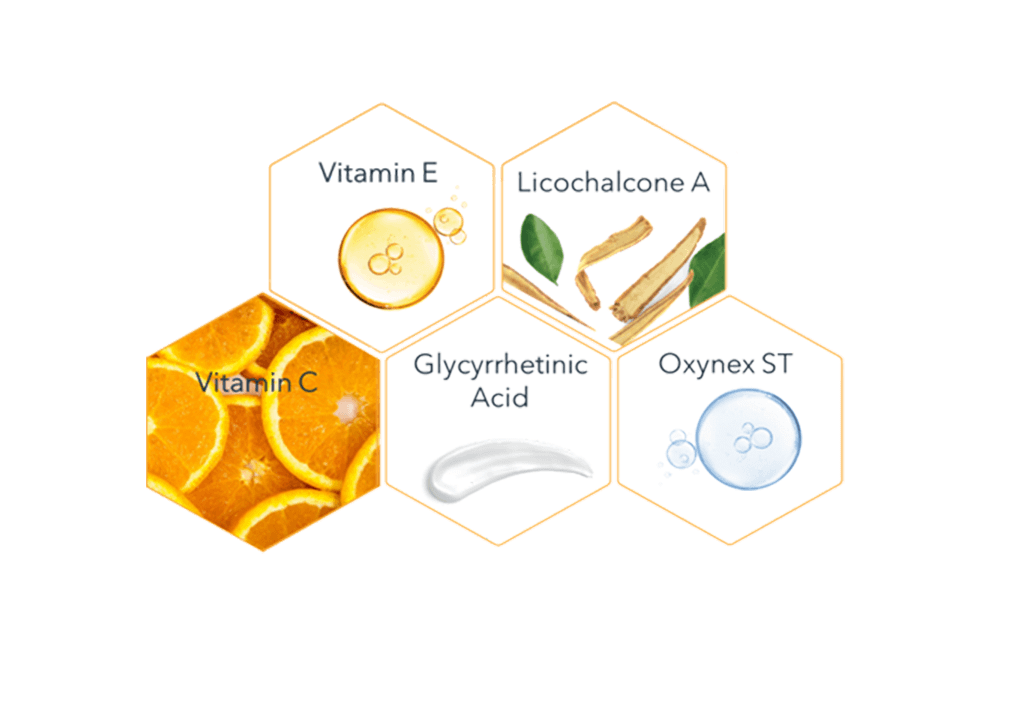 A view of 5 hexagonal shaped icons with various text including "vitamin E" and "vitamin C" inside the shapes.