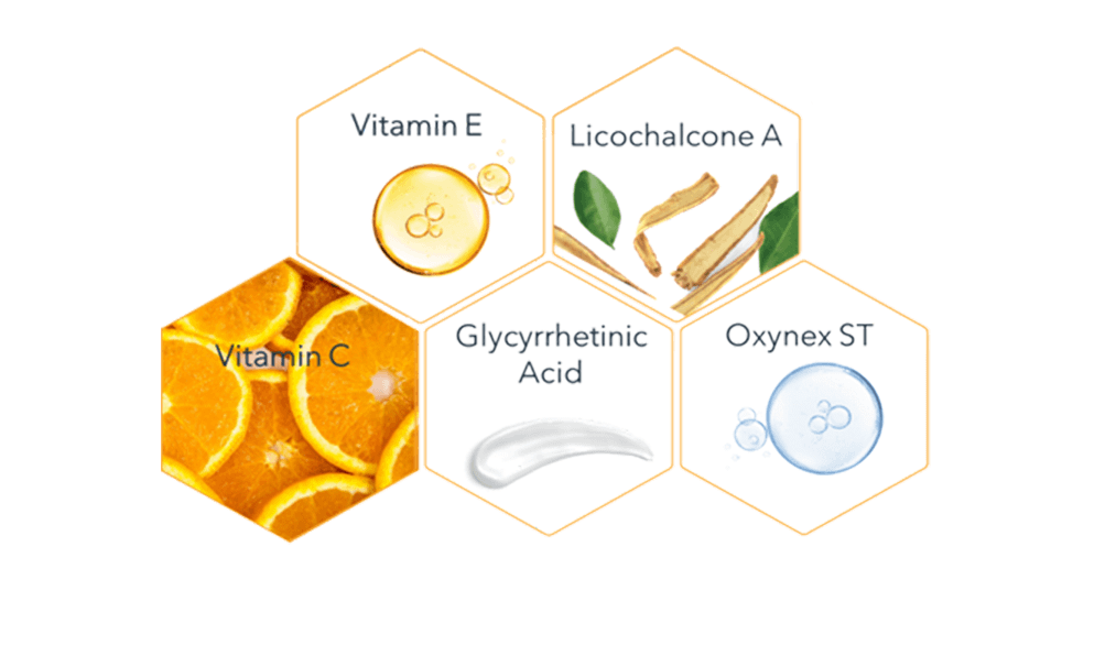 A view of 5 hexagonal shaped icons with various text including "vitamin E" and "vitamin C" inside the shapes.