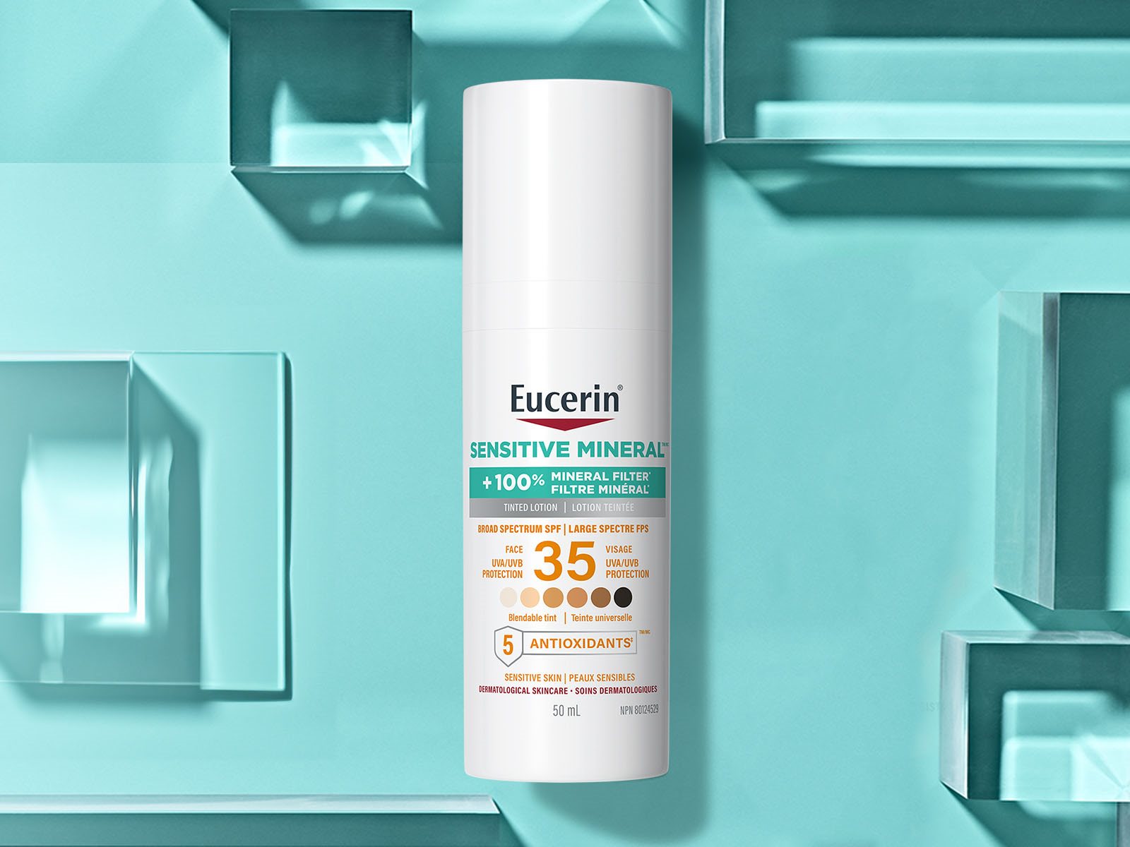 A view of a Eucerin Sensitive Mineral Tinted SPF 35 Face Sunscreen Lotion product against a turquoise background.
