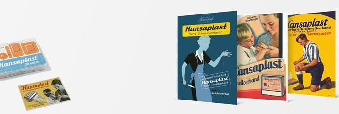 Historisches Foto und Abbildung einer Hansaplast 90-Jahre-Jubiläums-Dose