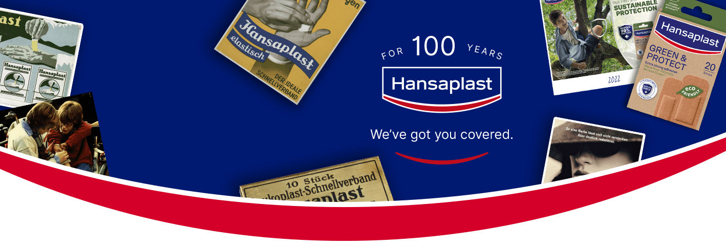 A collage of Hansaplast advertisements and packaging throughout the last hundred years.