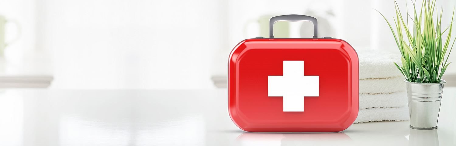 Erste Hilfe Koffer neben einer Pflanze