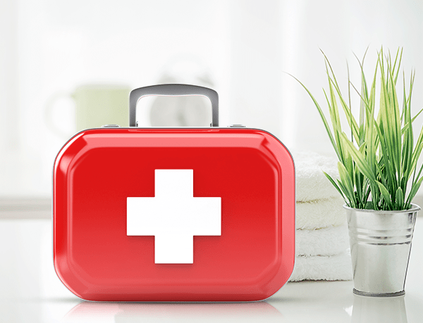 Erster Hilfe Koffer neben Pflanze