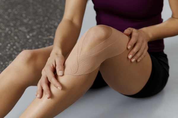 Frau mit Tape ums Knie sitzt auf Yogamatte