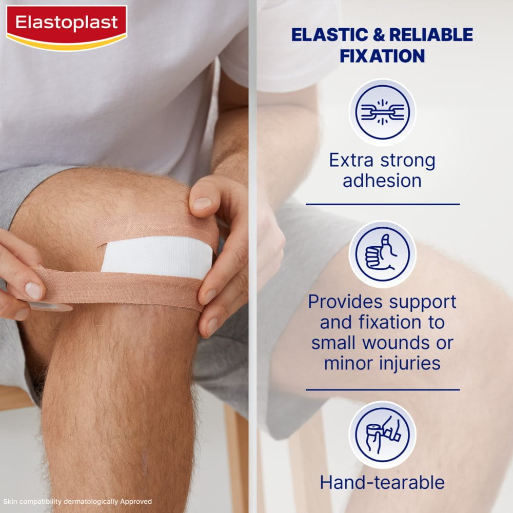 Man putting plaster on with plaster benefits displayed