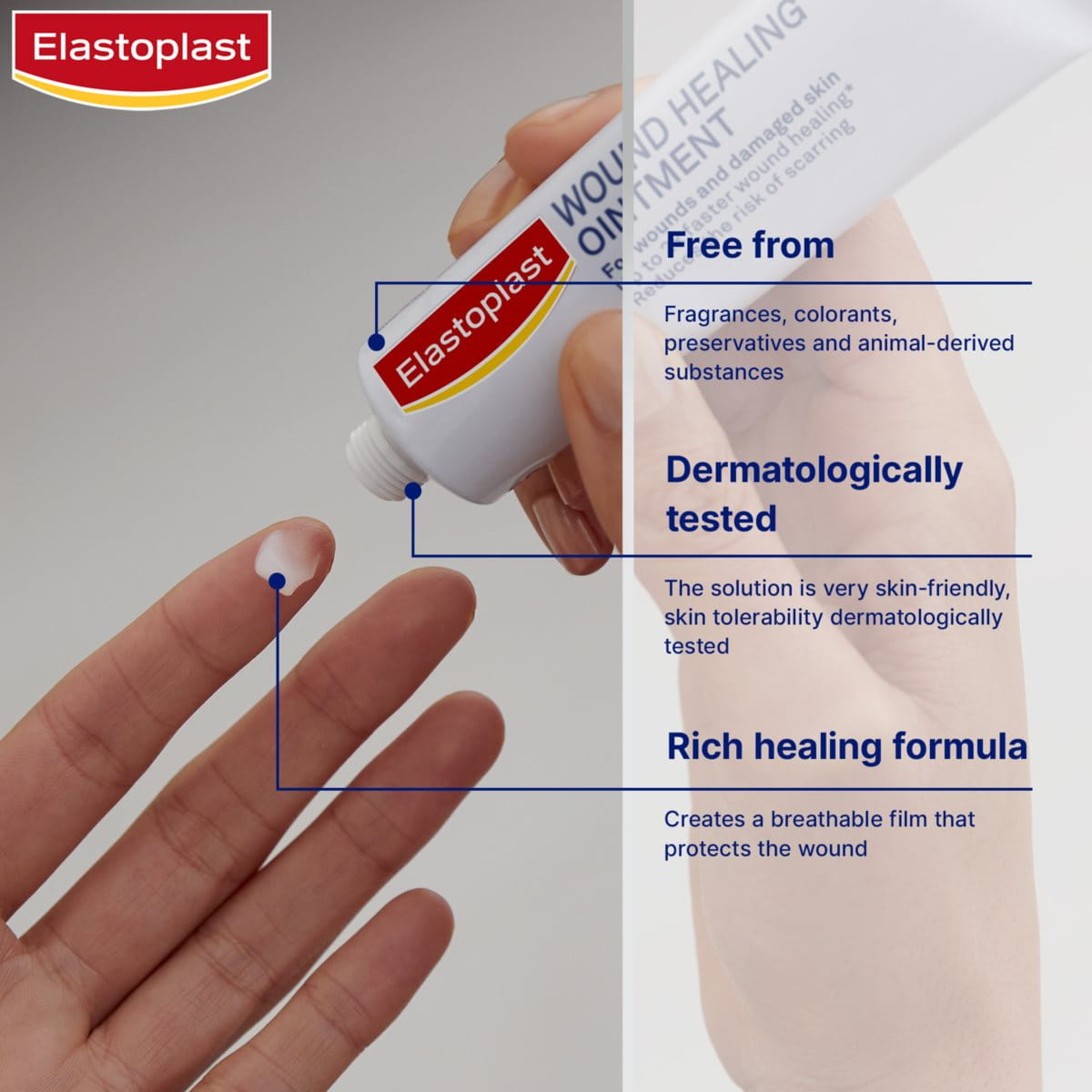 Elastoplast Wound Healing Ointment is fragrance free, dermatologically tested, and rich healing formula