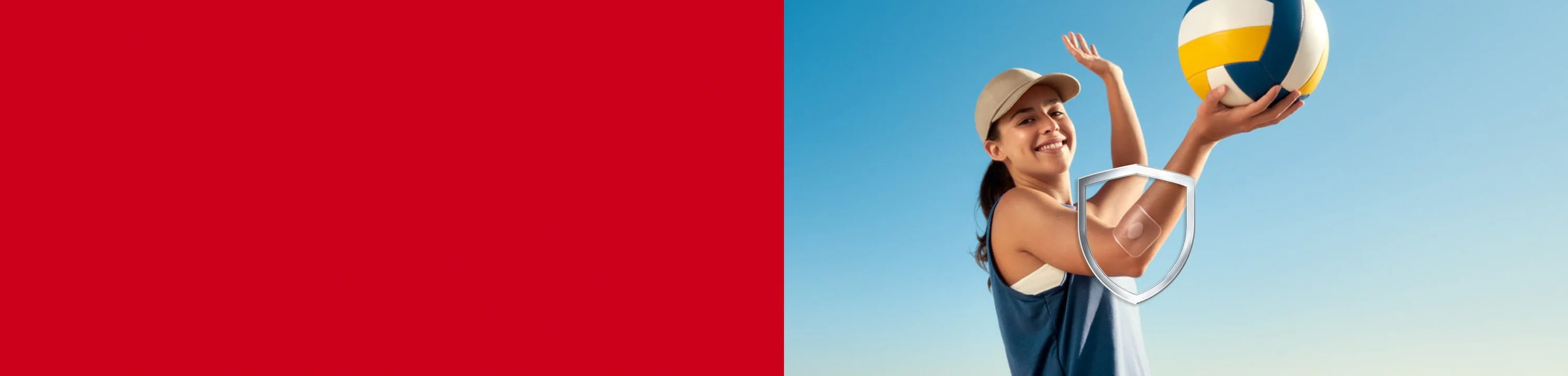 A smiling young woman prepares to serve a volleyball with Elastoplast's second skin protection bandage, backed by hydrocolloid technology, visible on her hand near her elbow.