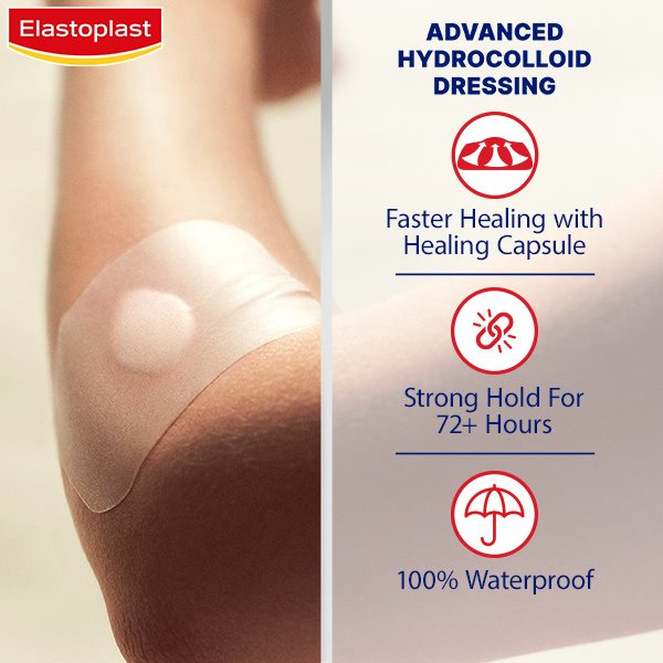 a hydrocolloid dressings benefits: faster healing with healing capsule, strong hold for 72+ hours, 100% waterproof